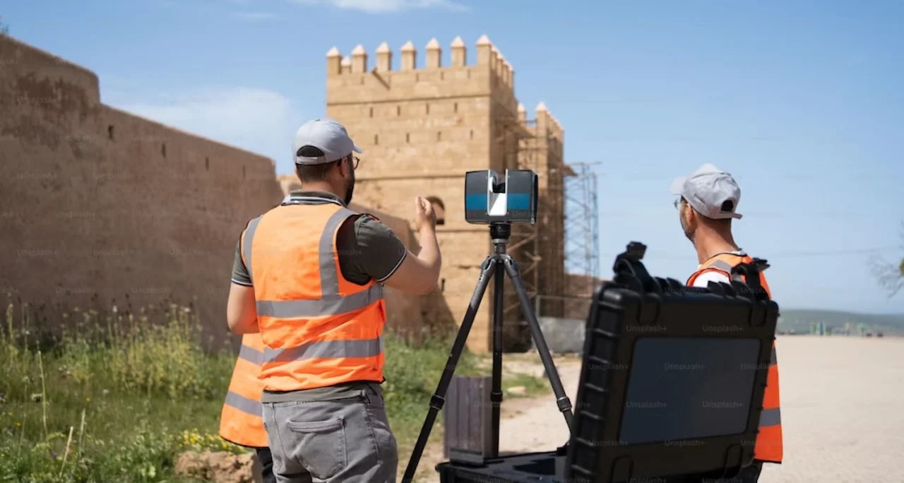 Escáner láser sobre trípode frente a una muralla histórica