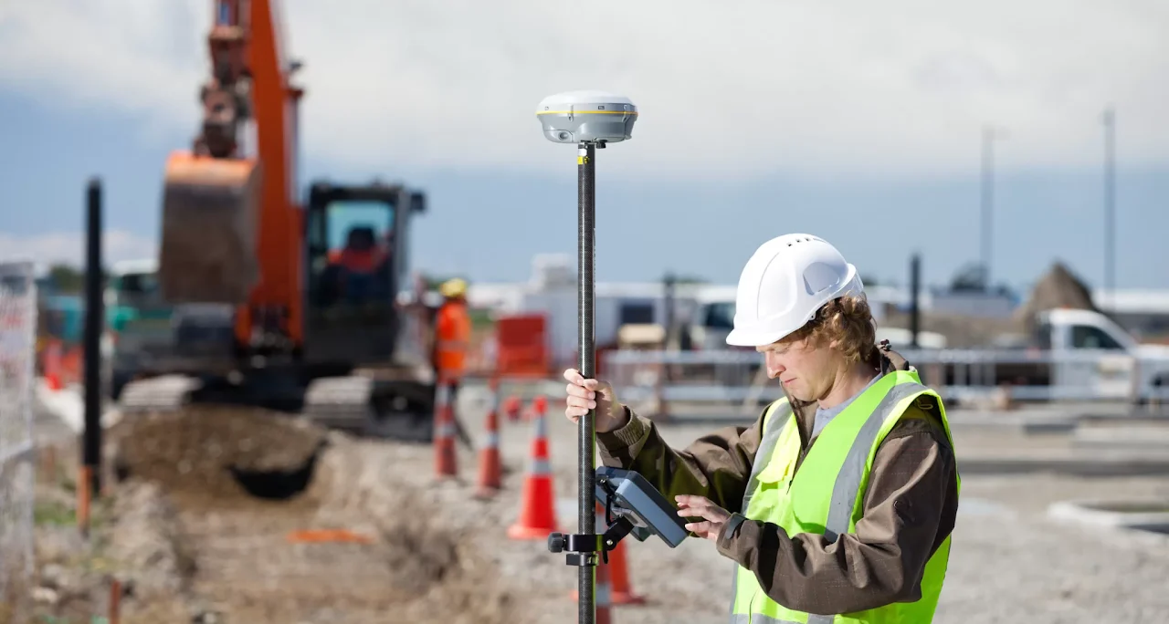 Técnica con receptor GNSS y controladora en una obra civil